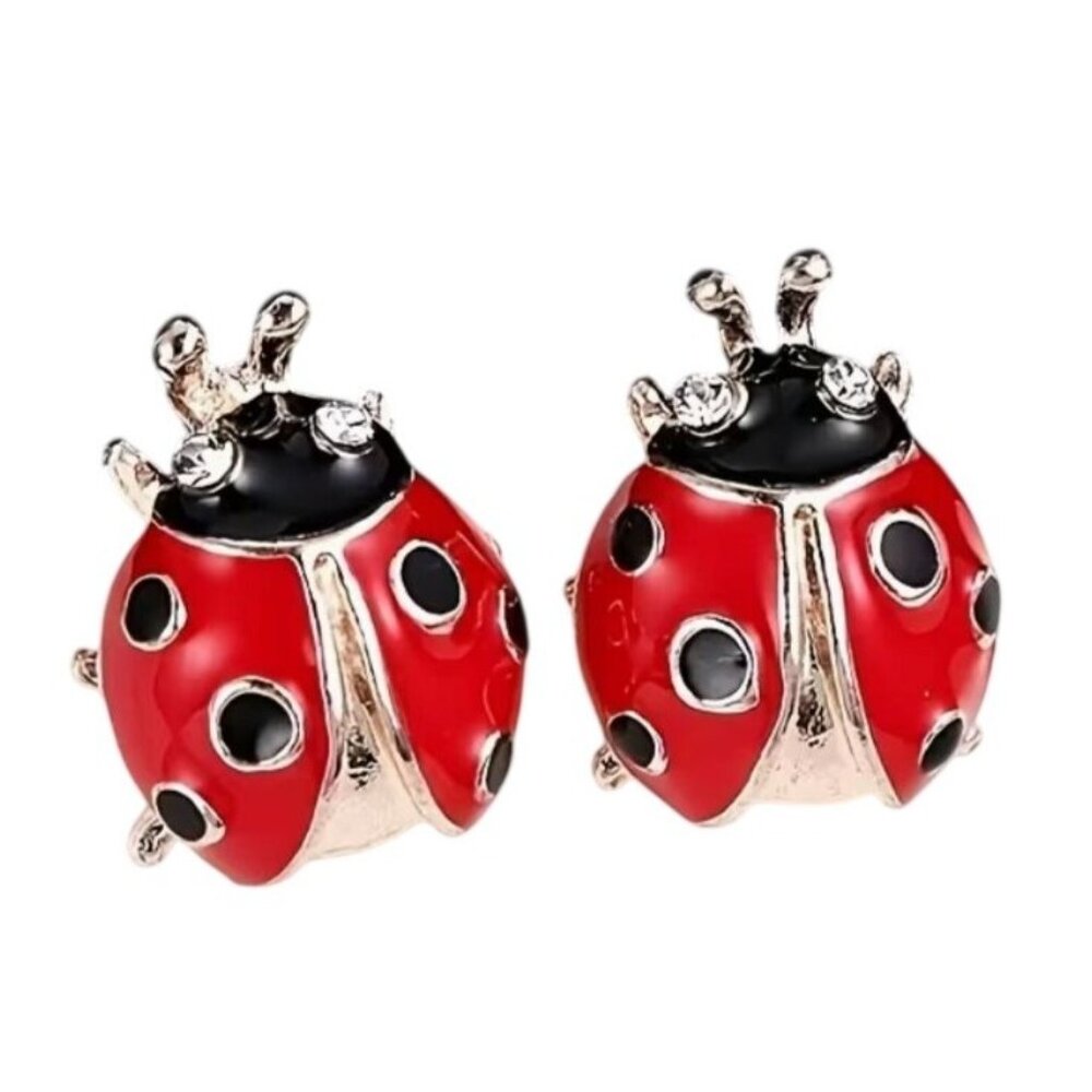 Ladybug Enamel Stud Earrings Red & Black Gold Tone
